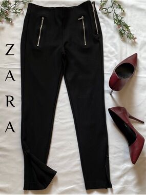 Zara Trafaluc Black Ankle Pants Gold Zipper Details Stretch Trousers Skinny S